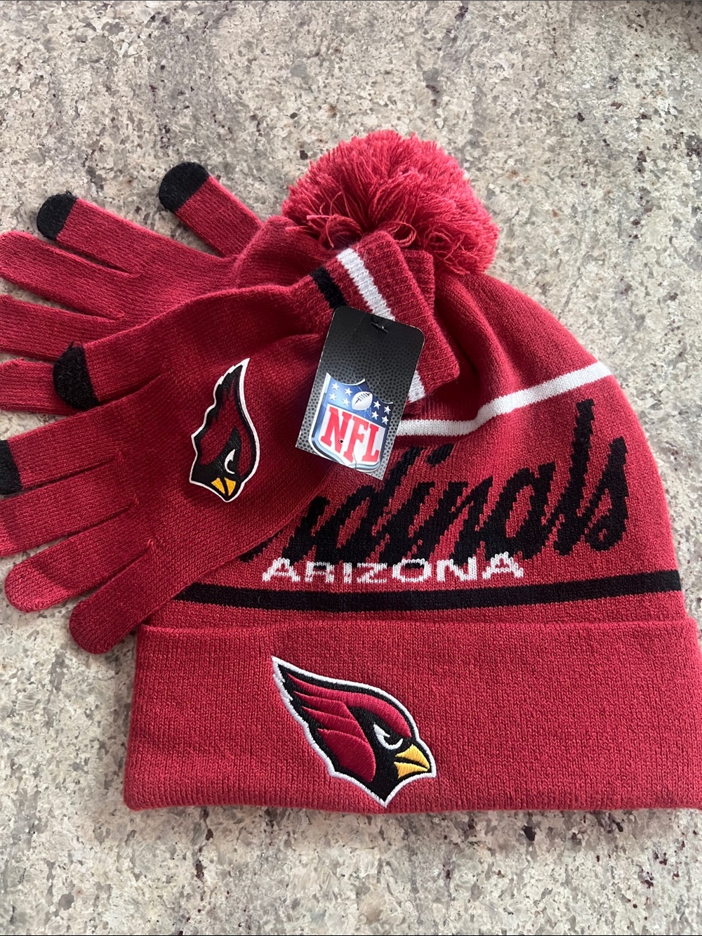 NFL Arizona Cardinals Red & Black Pom Beanie with Matching Gloves